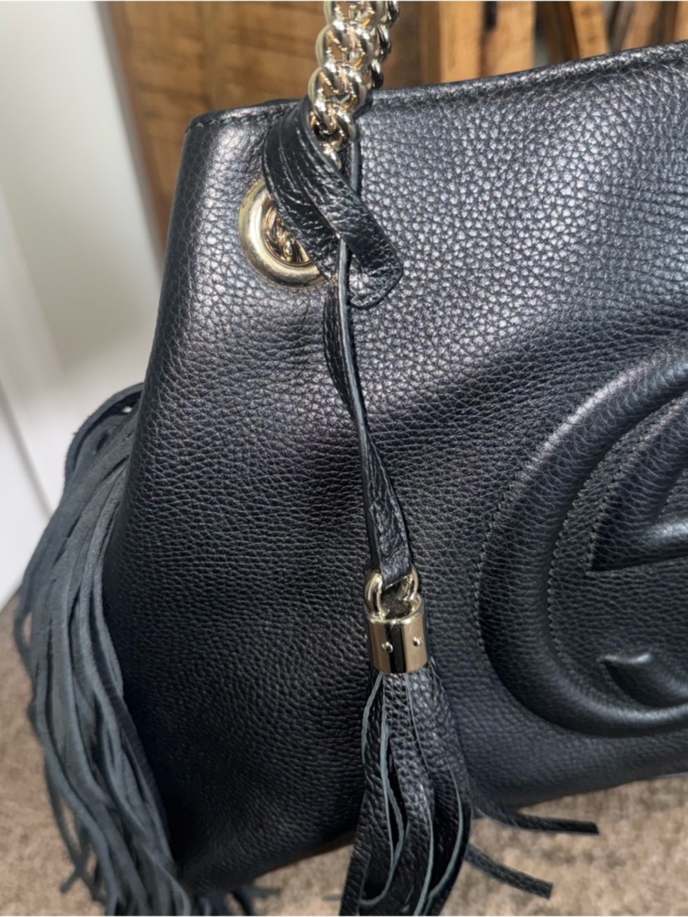 Gucci Black Pebbled Leather Fringe Shoulder Bag with Chain Straps -Vintage Boho - Picture 2 of 6